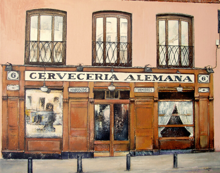 Painting titled "Cervecería Alemana-…" by Tomás Castaño, Original Artwork, Oil Mounted on Wood Stretcher frame