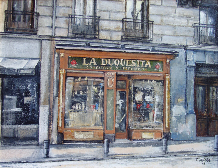 Painting titled "La Duquesita- Madrid" by Tomás Castaño, Original Artwork, Oil Mounted on Wood Stretcher frame