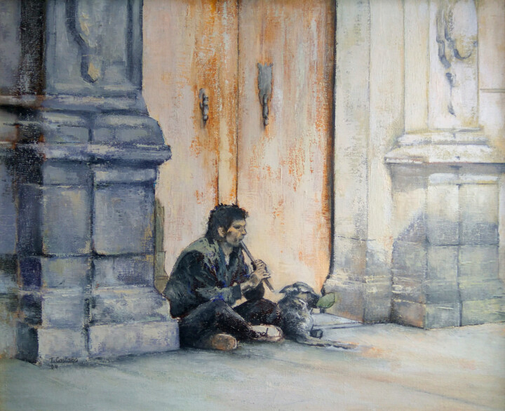 Pintura intitulada "Flautista con perro" por Tomás Castaño, Obras de arte originais, Óleo