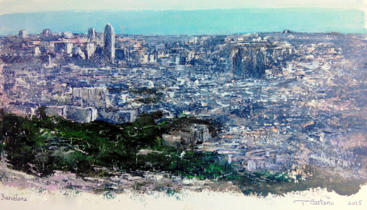 Картина под названием "Barcelona desde el…" - Tomás Castaño, Подлинное произведение искусства, Масло