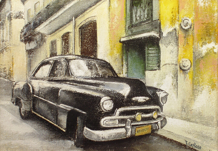 Painting titled "Black cadillac-Old…" by Tomás Castaño, Original Artwork, Oil