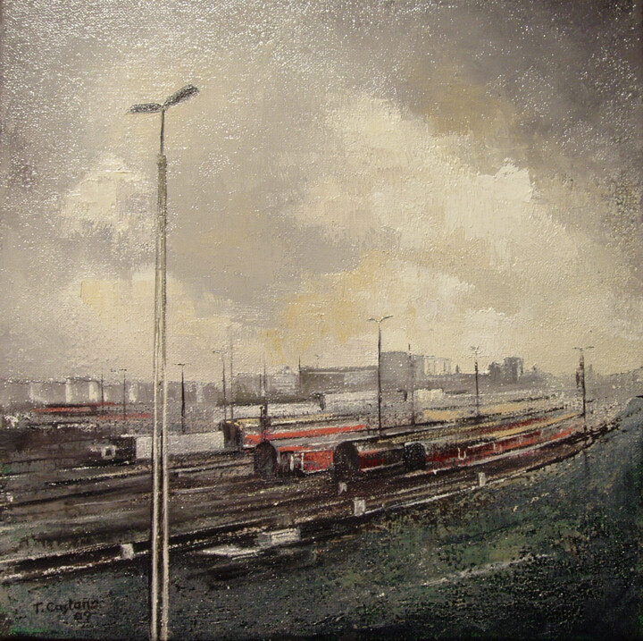 「Estacion de trenes」というタイトルの絵画 Tomás Castañoによって, オリジナルのアートワーク, オイル