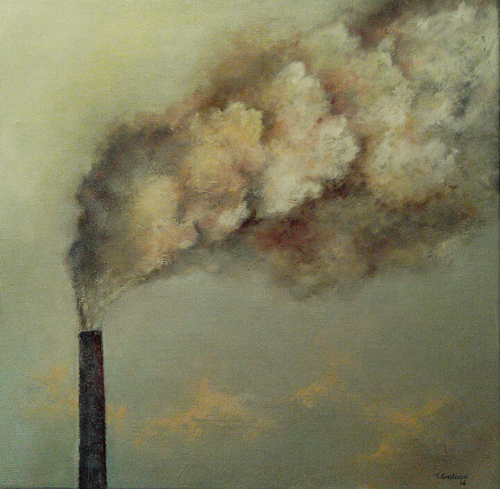 Pintura titulada "fabrica contaminando" por Tomás Castaño, Obra de arte original, Oleo