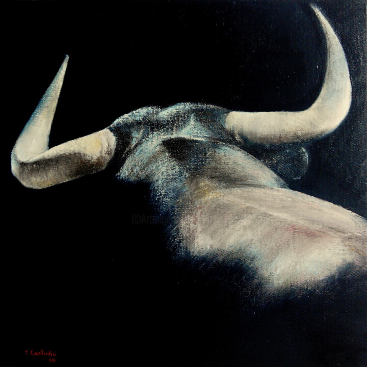 Painting titled "Toro bravo visto de…" by Tomás Castaño, Original Artwork, Oil Mounted on Wood Stretcher frame