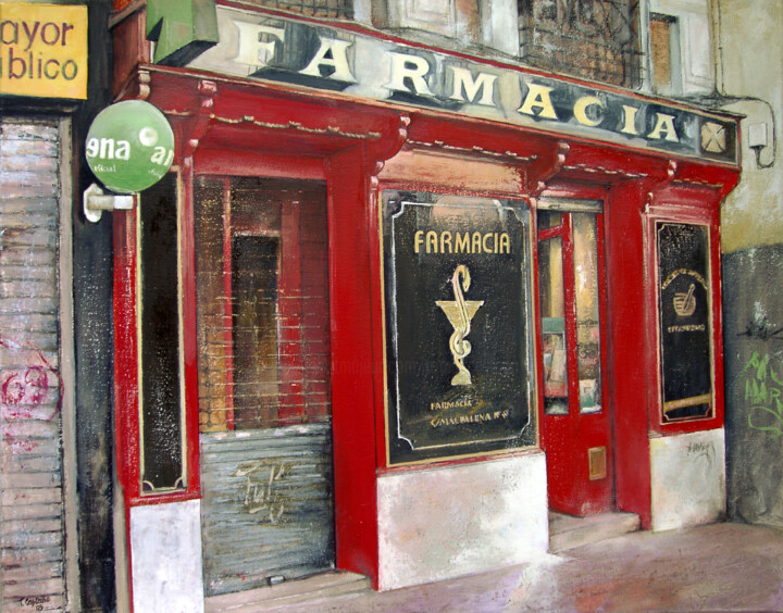 Painting titled "La antigua farmacia" by Tomás Castaño, Original Artwork, Oil