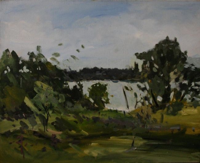 Schilderij getiteld "Lake III" door Tomas Jokubonis Jr, Origineel Kunstwerk