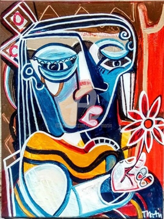Painting titled "Niña con Flor" by Tomás Martin, Original Artwork, Acrylic