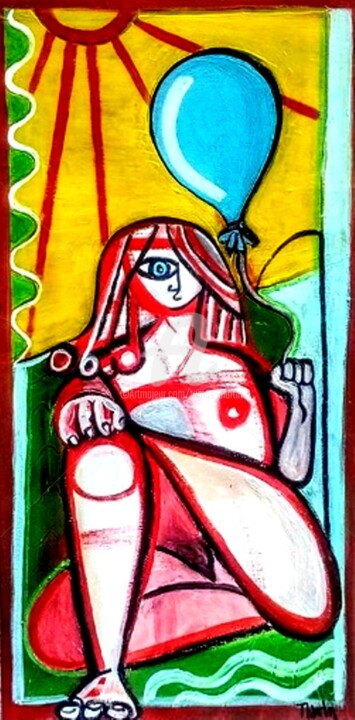 Pintura intitulada "Niña con globo" por Tomás Martin, Obras de arte originais, Acrílico