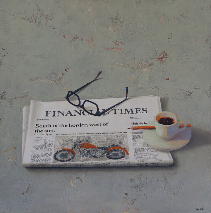 Peinture intitulée "NEWS AND COFFEE II" par Tomasa Martin, Œuvre d'art originale, Huile Monté sur Châssis en bois
