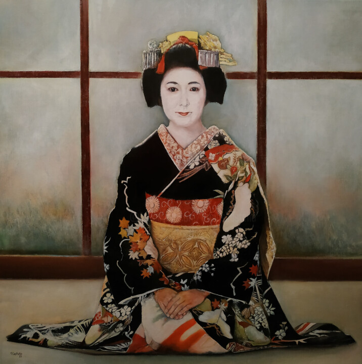 Painting titled "Geisha" by Tomás Castaño, Original Artwork, Oil Mounted on Wood Stretcher frame
