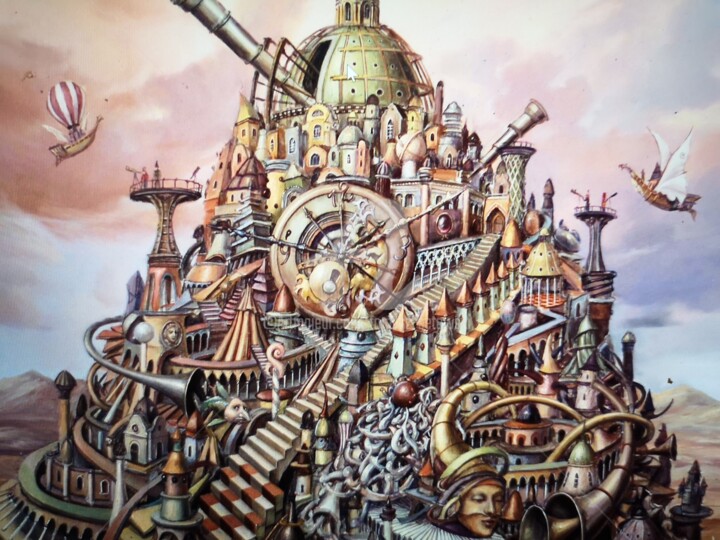 Painting titled "Tower of Babel" by Tomasz Sętowski, Original Artwork, Oil Mounted on Wood Stretcher frame