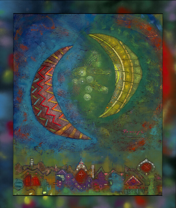 Painting titled "Green Moon" by Tomasz, Original Artwork, Acrylic