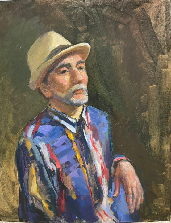 Картина под названием "A man with a hat" - Tomileka, Подлинное произведение искусства, Масло