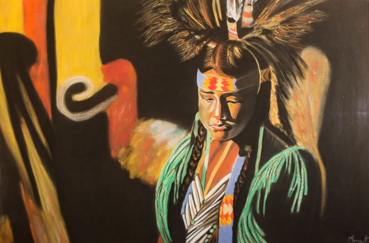 Dessin intitulée "l'indien" par Maryse Renault, Œuvre d'art originale, Pastel