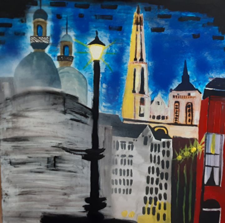 Painting titled "Antwerpen lichtstad…" by Tom Van De Walle, Original Artwork, Acrylic