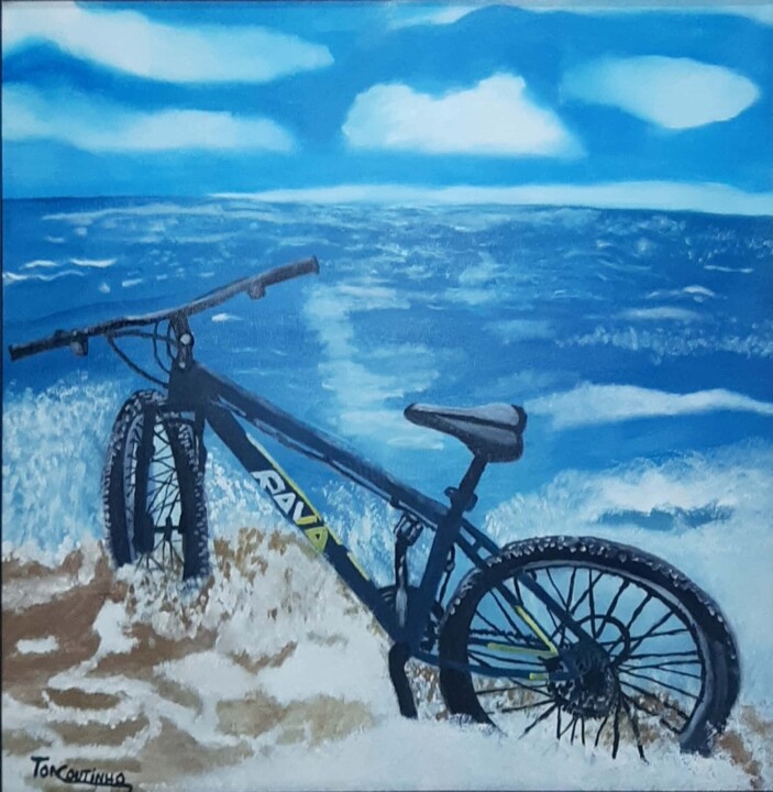 Painting titled "Bike no Mar" by Ton Coutinho, Original Artwork, Acrylic
