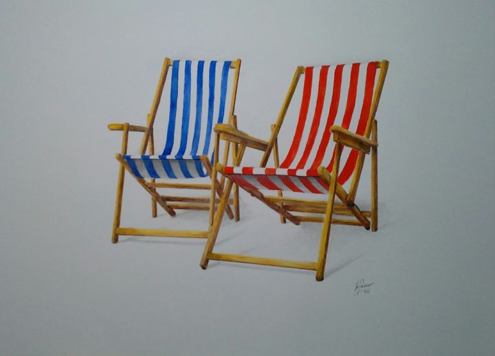 Картина под названием "strandstoelen" - Ton Brouwer, Подлинное произведение искусства, Акварель