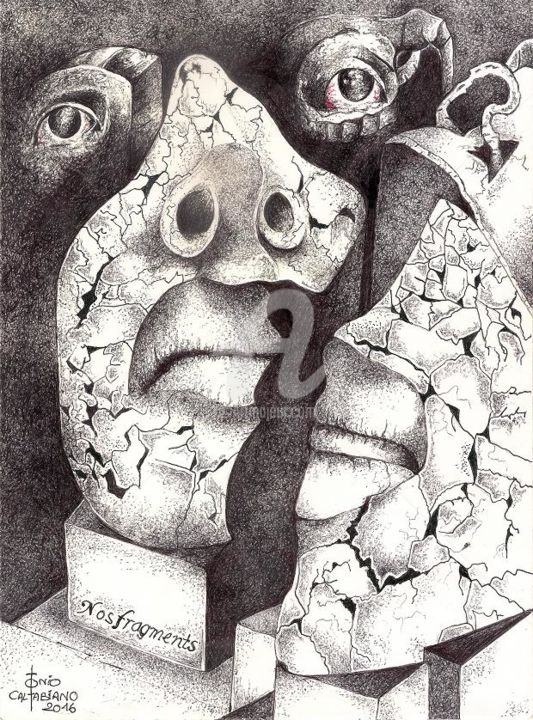 Drawing titled "NOS FRAGMENTS" by Tonio Caltabiano, Original Artwork, Ballpoint pen