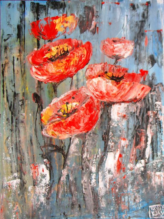 Painting titled "Rustic Poppies" by Tonio Klay, Original Artwork, Watercolor