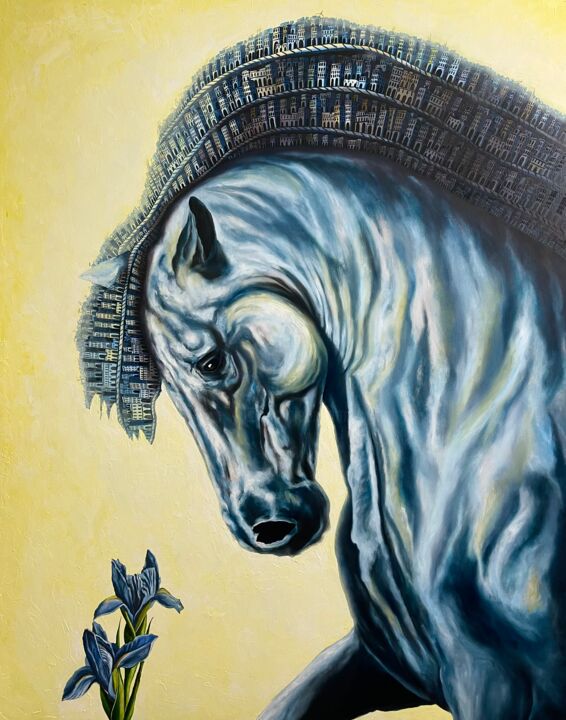 Schilderij getiteld "The new blue rider……" door Tony Rodriguez(Juan Antonio Rodriguez Ol, Origineel Kunstwerk, Olie
