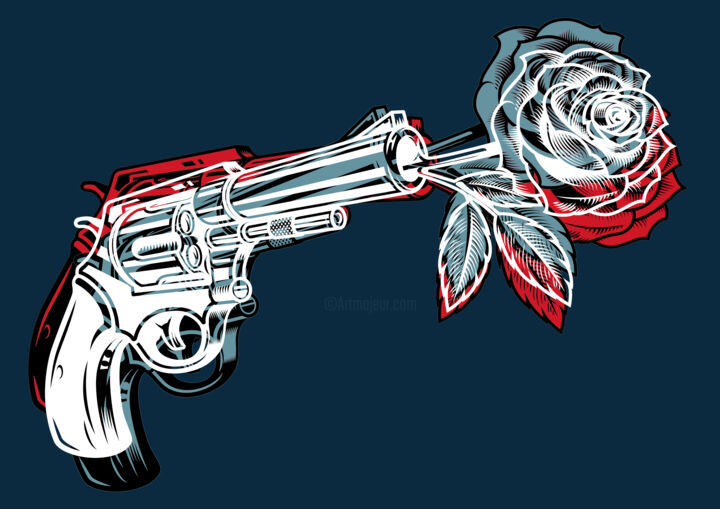 Pintura intitulada "Pop Art Gun And Rose" por Tony Rubino, Obras de arte originais, Acrílico Montado em Armação em madeira