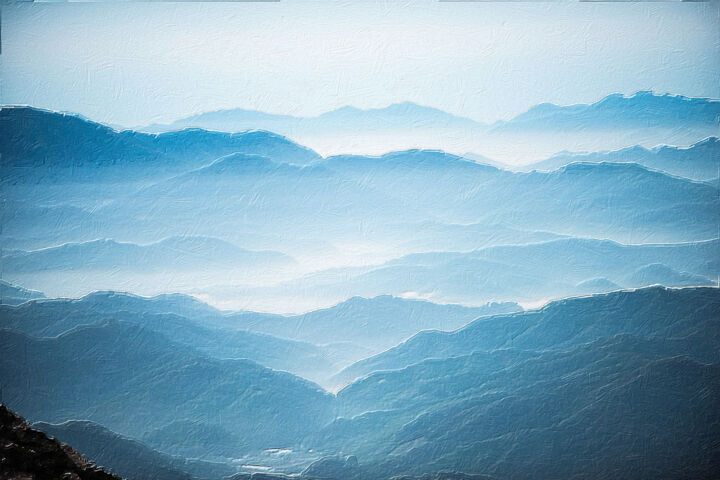 Painting titled "Misty Mountains Sun…" by Tony Rubino, Original Artwork, Acrylic Mounted on Wood Stretcher frame