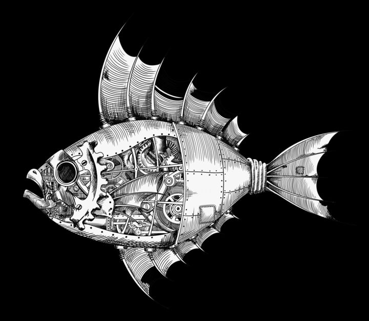 Printmaking titled "Fish Steam Punk Ste…" by Tony Rubino, Original Artwork, Acrylic Mounted on Wood Stretcher frame