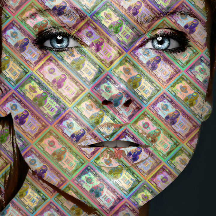 Картина под названием "Money Woman Face" - Tony Rubino, Подлинное произведение искусства, Акрил Установлен на Деревянная рам…