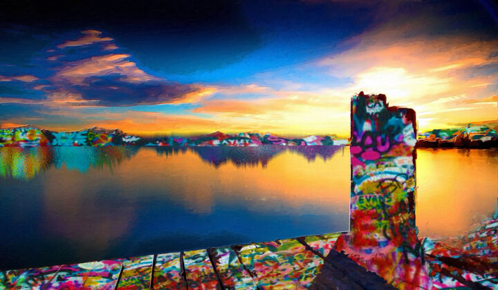 Pintura titulada "Infinity Dock Sunse…" por Tony Rubino, Obra de arte original, Acrílico Montado en Bastidor de camilla de m…