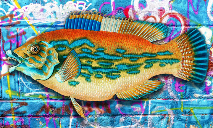 Painting titled "Graffiti Fish Fishi…" by Tony Rubino, Original Artwork, Acrylic Mounted on Wood Stretcher frame