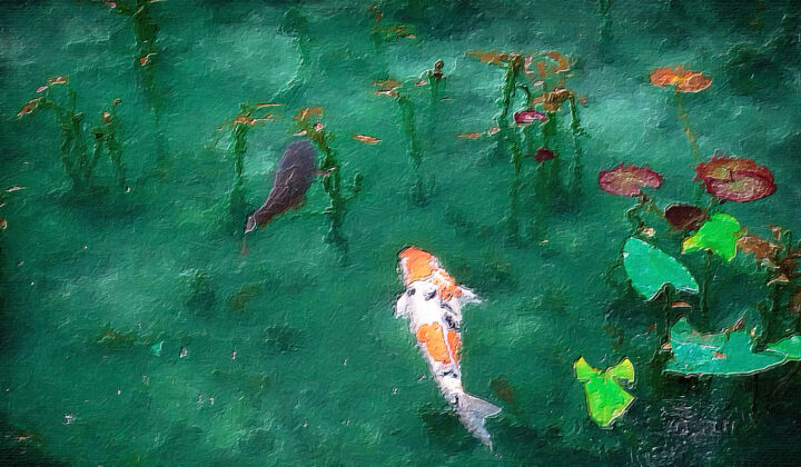 Ζωγραφική με τίτλο "Coi Pond Teal Fish…" από Tony Rubino, Αυθεντικά έργα τέχνης, Ακρυλικό Τοποθετήθηκε στο Ξύλινο φορείο σκε…