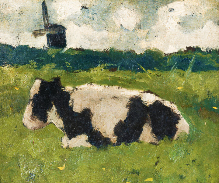 Painting titled "Sitting Cow On Farm…" by Tony Rubino, Original Artwork, Acrylic Mounted on Wood Stretcher frame
