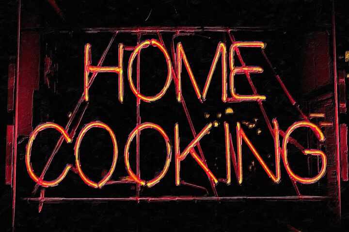 Painting titled "Home Cooking Neon S…" by Tony Rubino, Original Artwork, Acrylic Mounted on Wood Stretcher frame
