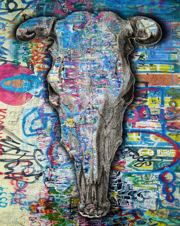 Painting titled "Skull Horns Graffit…" by Tony Rubino, Original Artwork, Acrylic Mounted on Wood Stretcher frame