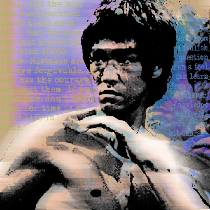 Painting titled "Bruce Lee Compact" by Tony Rubino, Original Artwork, Digital Painting Mounted on Wood Stretcher frame