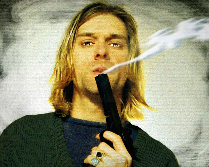 제목이 "Kurt Cobain Nirvana…"인 디지털 아트 Tony Rubino로, 원작, 디지털 페인팅 나무 들것 프레임에 장착됨