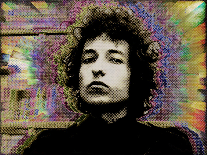 Collages titled "Bob Dylan 5" by Tony Rubino, Original Artwork, Acrylic Mounted on Wood Stretcher frame