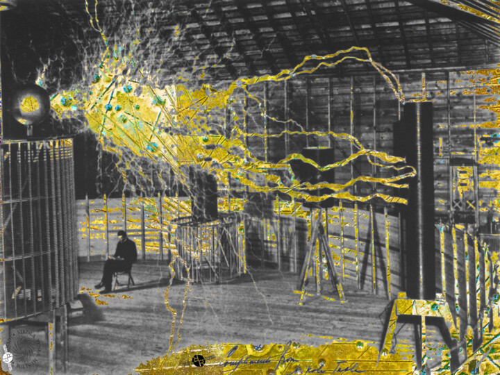 Arte digitale intitolato "Nikola Tesla Sittin…" da Tony Rubino, Opera d'arte originale, Pittura digitale Montato su Telaio p…