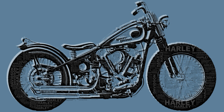 Collages getiteld "Harley Davidson And…" door Tony Rubino, Origineel Kunstwerk, Collages Gemonteerd op Frame voor houten bra…