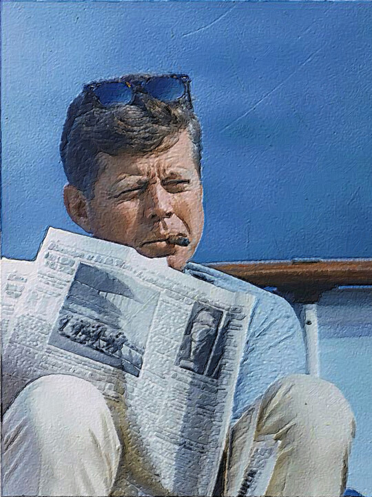 Digital Arts titled "JFK and Newspaper S…" by Tony Rubino, Original Artwork, Digital Painting Mounted on Wood Stretcher frame