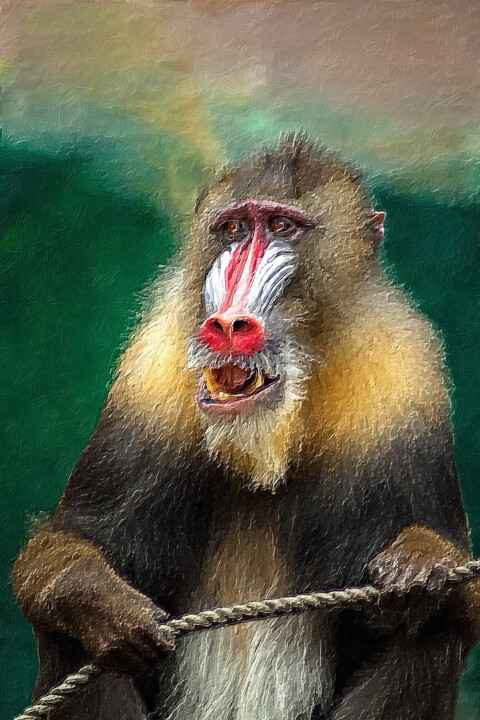 Painting titled "Baboon Portrait" by Tony Rubino, Original Artwork, Acrylic Mounted on Wood Stretcher frame
