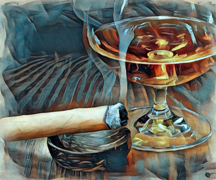 Painting titled "Cigar And Cordial P…" by Tony Rubino, Original Artwork, Acrylic Mounted on Wood Stretcher frame