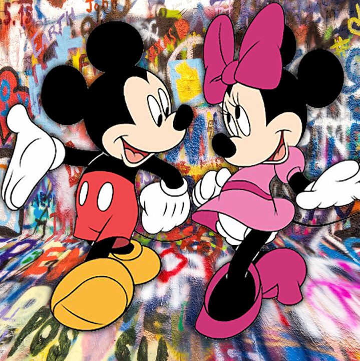 Ζωγραφική με τίτλο "Mickey And Minnie M…" από Tony Rubino, Αυθεντικά έργα τέχνης, Ακρυλικό Τοποθετήθηκε στο Ξύλινο φορείο σκ…