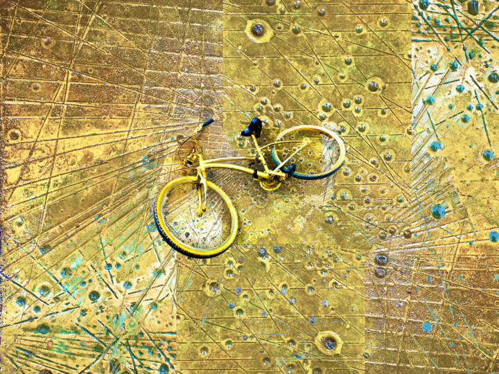 Painting titled "Gold Bike On Gold A…" by Tony Rubino, Original Artwork, Acrylic Mounted on Wood Stretcher frame