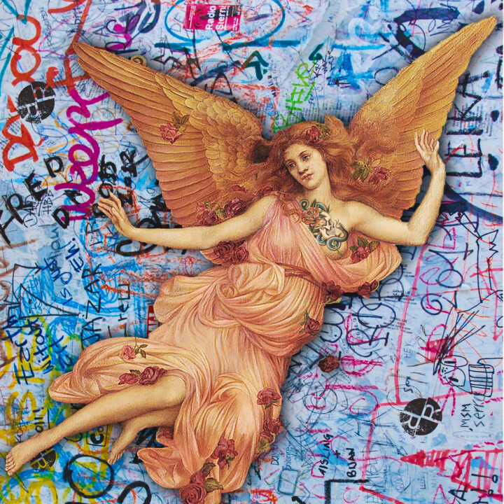 Painting titled "Gold Angel Graffiti" by Tony Rubino, Original Artwork, Acrylic Mounted on Wood Stretcher frame