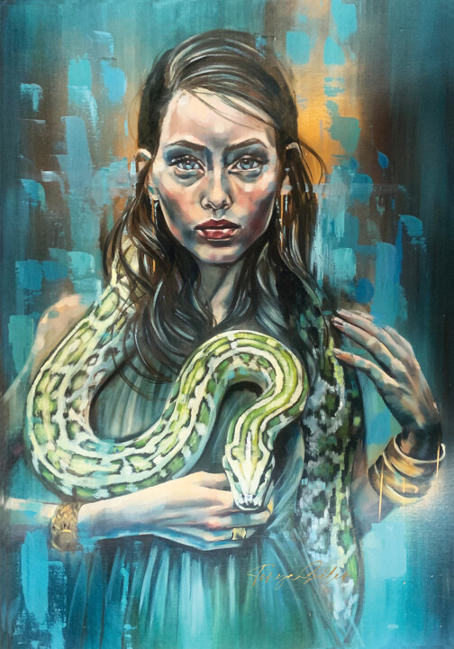 Pittura intitolato "Eve and the serpent." da Tonya Seiler, Opera d'arte originale, Olio Montato su Telaio per barella in leg…
