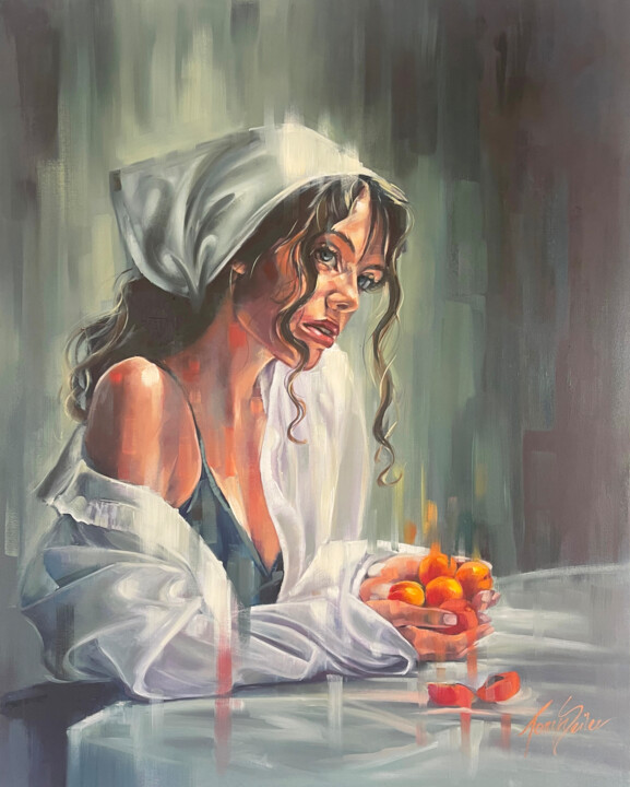 Pintura intitulada "Girl with Apricots" por Tonya Seiler, Obras de arte originais, Óleo Montado em Armação em madeira