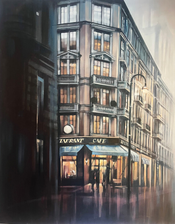 Painting titled "French Cafe" by Tonya Seiler, Original Artwork, Oil Mounted on Wood Stretcher frame