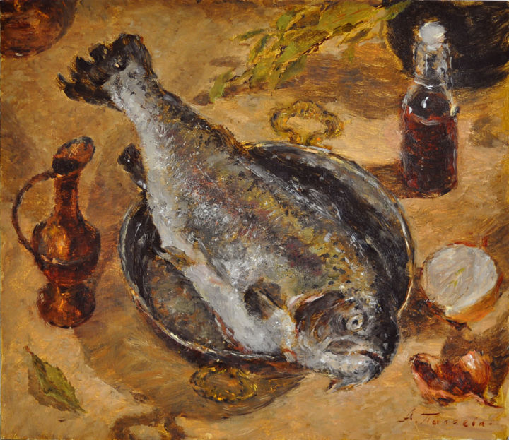 Painting titled "Still life with Fis…" by Antonina Pylaeva, Original Art, Oil
