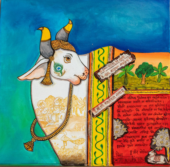 Peinture intitulée "Decorative Cow" par Smita Aloni, Œuvre d'art originale, Acrylique